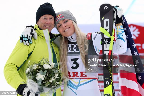 Lindsey Vonn of USA celebrates, Ingemar Stenmark of Sweden celebrates during the FIS World Ski Championships Women's Downhill on February 10, 2019 in...