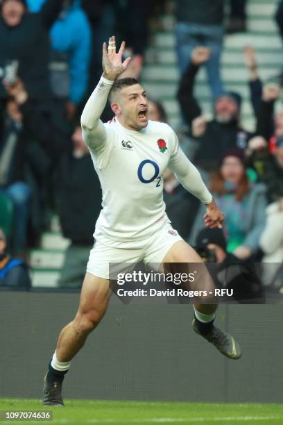 Jonny May of England celebrates scoring his sides first try during the Guinness Six Nations match between England and France at Twickenham Stadium on...