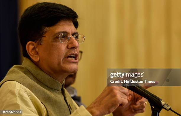 Union Finance Minister Piyush Goyal addresses media during press conference at Y B Chavan Centre, Nariman Point, on February 9, 2019 in Mumbai,...