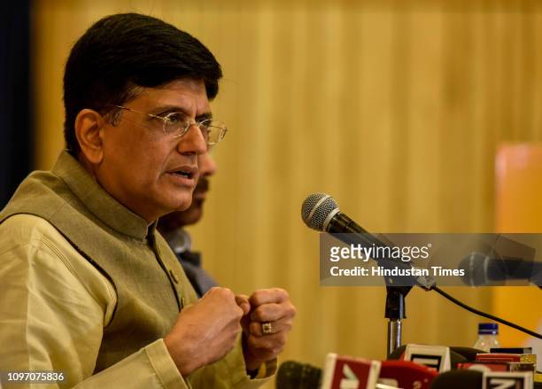 Union Finance Minister Piyush Goyal addresses media during a press conference at Y. B. Chavan Centre, Nariman Point, on February 9, 2019 in Mumbai,...