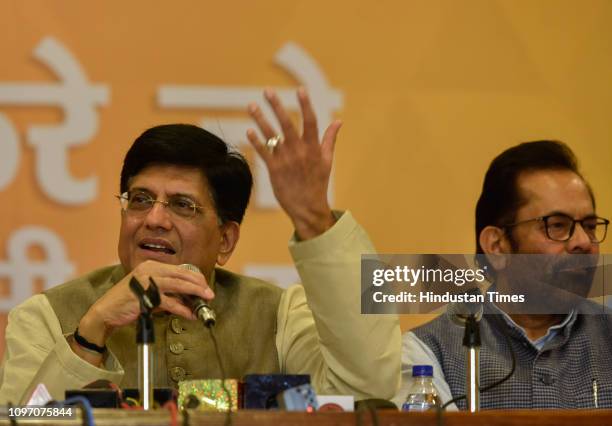 Union Finance Minister Piyush Goyal along with Union Minister of Minority Affairs Mukhtar Abbas Naqvi addresses media during a press conference at Y....