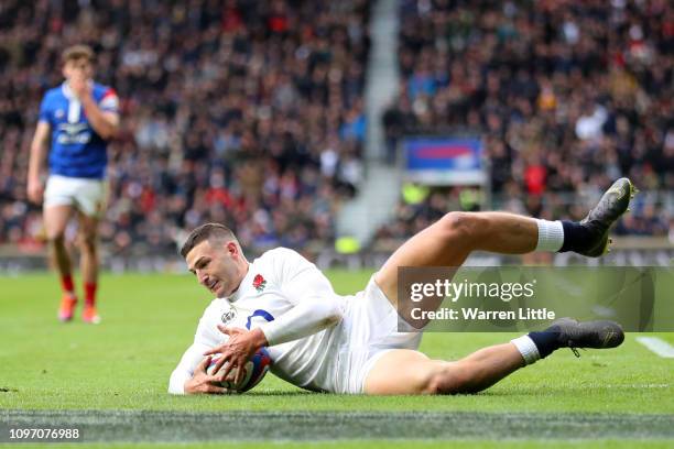 Jonny May of England touches down for the third try during the Guinness Six Nations match between England and France at Twickenham Stadium on...