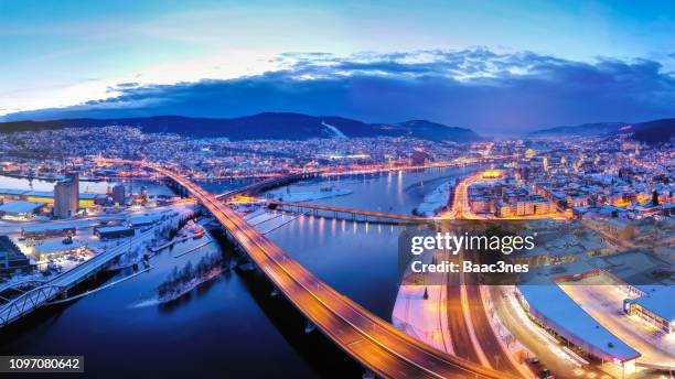 panorama image of drammen city, norway - drammen stockfoto's en -beelden