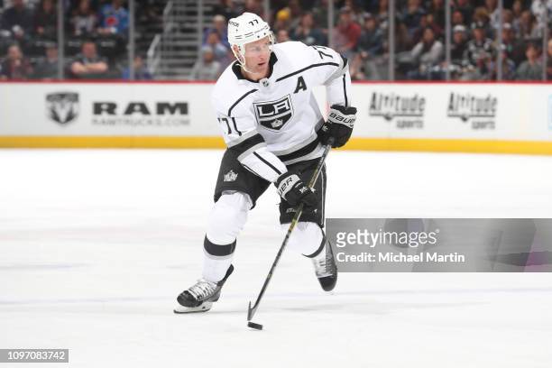 Jeff Carter of the Los Angeles Kings skates against the Colorado Avalanche at the Pepsi Center on January 19, 2019 in Denver, Colorado. The Avalanche...