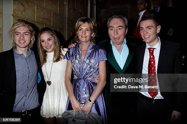 Andrew Lloyd Webber with his family William ,Isabella, his wife Madelaine and Alastair attends the press night for Wizard Of Oz at the London...