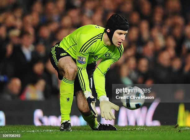 Goalkeeper Petr Cech of Chelsea gathers the ball during the Barclays Premier League match between Chelsea and Manchester United at Stamford Bridge on...