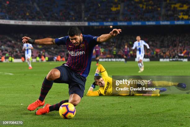 Luis Suarez of Barcelona falls after a challenge by Ivan Cuellar of Leganes during the La Liga match between FC Barcelona and CD Leganes at Camp Nou...