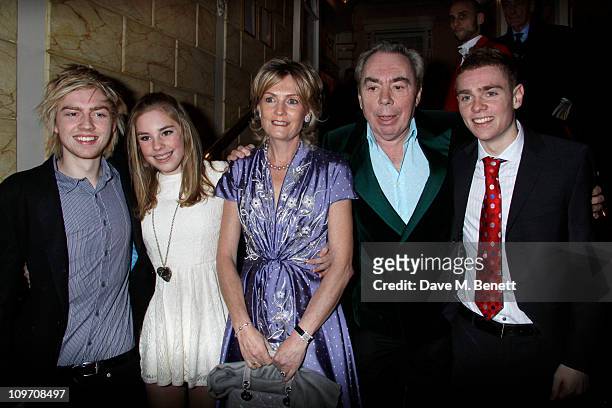 Andrew Lloyd Webber with his family William ,Isabella, his wife Madelaine and Alastair attends the press night for Wizard Of Oz at the London...