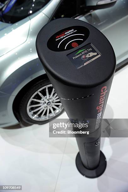 The charging point for the Ford C-Max Energi Plug-in hybrid vehicle is seen on the Ford Motor Co. Stand during the second press day of the Geneva...