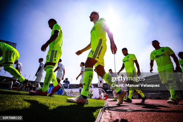 Players of Atlas and Pumas enter the pitch prior the 3rd round match between Pumas UNAM and Atlas as part of the Torneo Clausura 2019 Liga MX at...