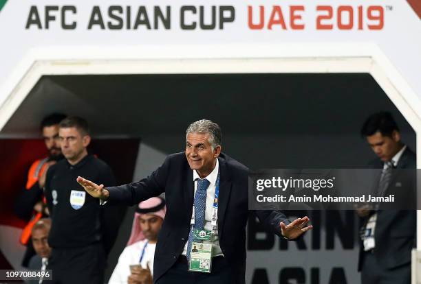Head Coach and manager of Iran Carlos Queiroz react on during the AFC Asian Cup round of 16 match between Iran and Oman at Mohammed Bin Zayed Stadium...