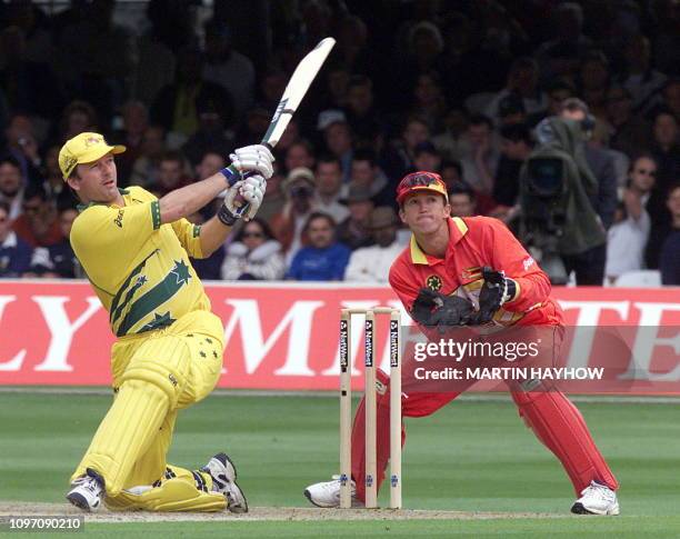 Australia`s captain Steve Waugh hits a six during his innings of 62 in the match between Zimbabwe v Australia in the Cricket World Cup match at Lords...