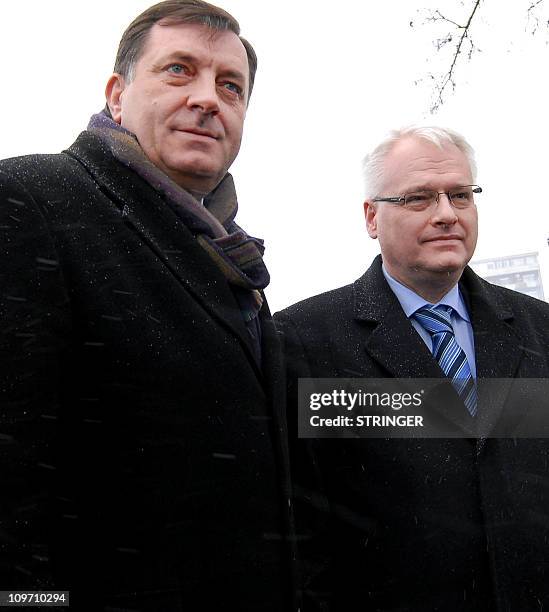 Croatian President Ivo Josipovic and the President of the Serb entity in Bosnia and Hercegovina Republika Srpska Milorad Dodik arrive after their...