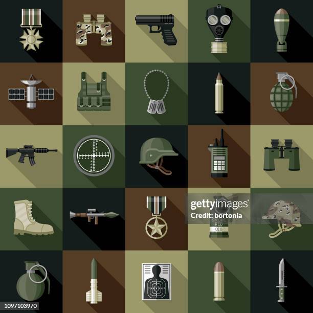 illustrazioni stock, clip art, cartoni animati e icone di tendenza di set di icone military flat design - coltello armi