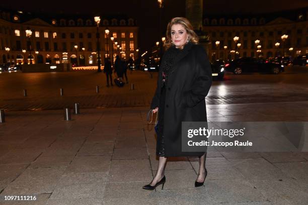 Catherine Deneuve is seen arriving at Boucheron dinner on January 20, 2019 in Paris, France.