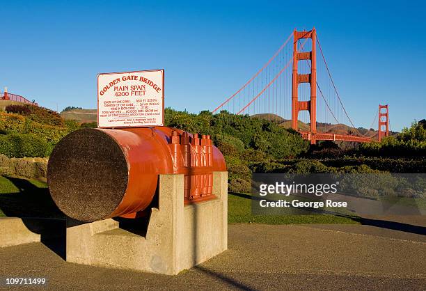 The historic Golden Gate Bridge and a cross-section of the steel cable is seen on February 8, 2011 in San Francisco, California. When construction...