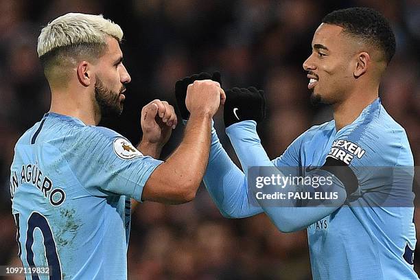 Manchester City's Argentinian striker Sergio Aguero leaves the pitch after being substituted off for Manchester City's Brazilian striker Gabriel...