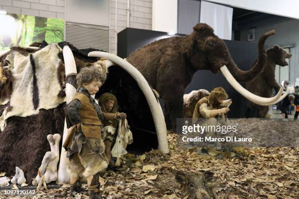 Diorama of a Neanderthal family is seen recreated at the HIT Trade Show on February 10, 2019 in Vicenza, Italy. Italy has loosened its restrictions...