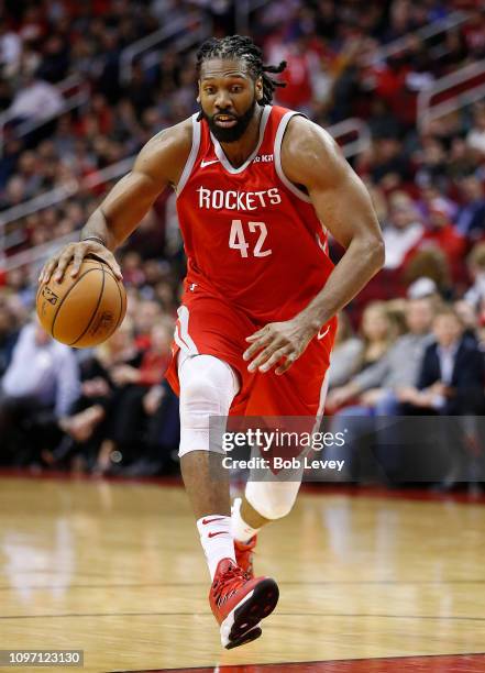 Nene Hilario of the Houston Rockets drives against the Brooklyn Nets at Toyota Center on January 16, 2019 in Houston, Texas.NOTE TO USER: User...