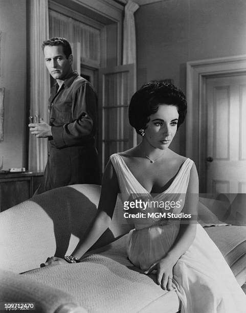 American actor Paul Newman and British-born actress Elizabeth Taylor star in the MGM film 'Cat on a Hot Tin Roof', 1958.