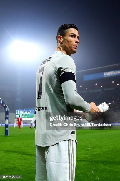 Cristiano Ronaldo of Juventus looks on ahead of the Serie A match between US Sassuolo and Juventus at Mapei Stadium - Citta' del Tricolore on...