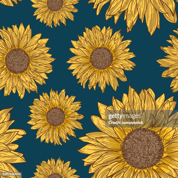 stockillustraties, clipart, cartoons en iconen met retro jaren 90 zonnebloem naadloze patroon - zonnebloemen