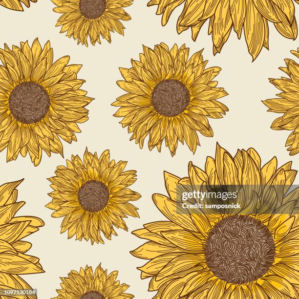 retro-90er jahre sonnenblumen nahtlose muster - big flower background stock-grafiken, -clipart, -cartoons und -symbole