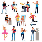 Hobby persons. People of creative professions at work. Artistic occupations, retro hobbies cartoon characters vector set