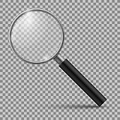 Realistic magnifying glass. Magnification zoom loupe, scrutiny microscope magnify lens. Detective tool isolated mockup