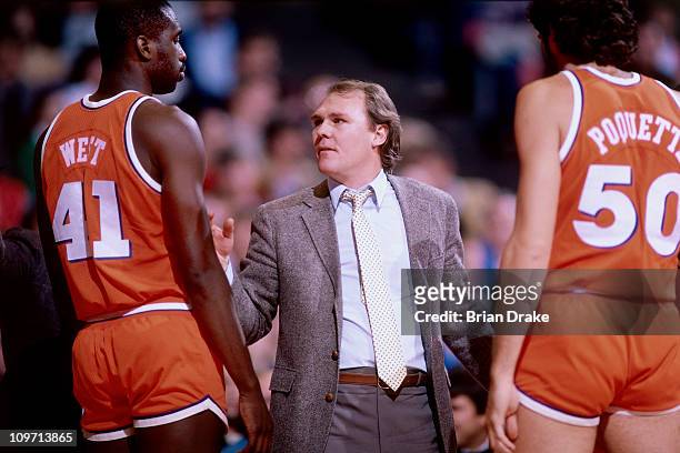 Cleveland Cavaliers head coach George Karl talks to his team during a game against the Portland Trailblazers circa 1985 at the Veterans Memorial...