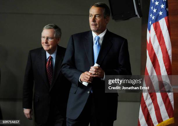 Senate Majority Leader Mitch McConnell and House Speaker John Boehner arrive for news conference at the U.S. Capitol on March 2, 2011 in Washington,...