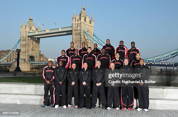 The Toronto Raptors pose for a team portrait in front of the Tower Bridge in London prior to their games against the New Jersey Nets on March 2, 2011...