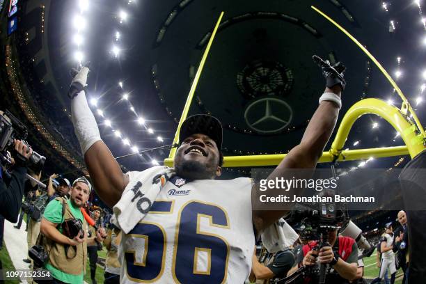 Dante Fowler of the Los Angeles Rams celebrates after defeating the New Orleans Saints in the NFC Championship game at the Mercedes-Benz Superdome on...