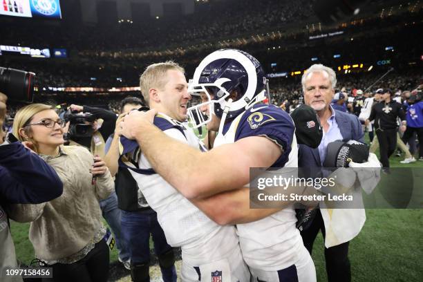 Greg Zuerlein of the Los Angeles Rams celebrates after kicking the game winning field goal in overtime against the New Orleans Saints in the NFC...