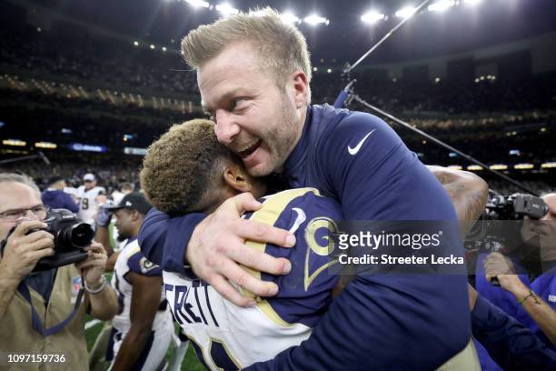 Head coach Sean McVay of the Los Angeles Rams celebrates Gerald Everett after defeating the New Orleans Saints in the NFC Championship game at the...