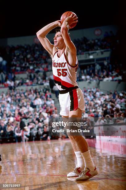 Kiki Vandeweghe of the Portland Trailblazers passes during a game played circa 1985 at Memorial Coliseum in Portland, Oregon. NOTE TO USER: User...