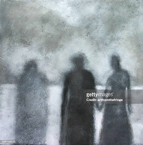 painted portrait of three shadows, black and white - loneliness stock illustrations