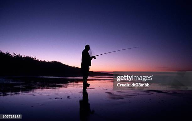 silhouette of man fishing at sunset - surf casting stock pictures, royalty-free photos & images