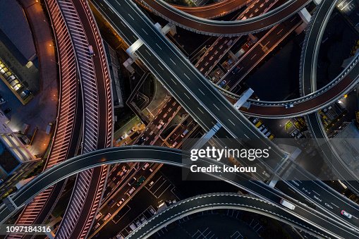 Night photograph of complicated intersecting highway. Night photograph of complicated intersecting highway.