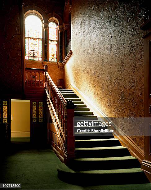 sunlit interior carpeted staircase - victorian style home stock pictures, royalty-free photos & images
