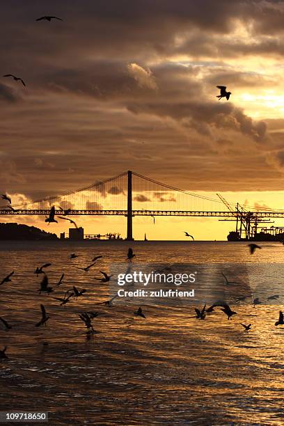 río tajo bridge at sunset en lisboa, portugal - río tajo fotografías e imágenes de stock