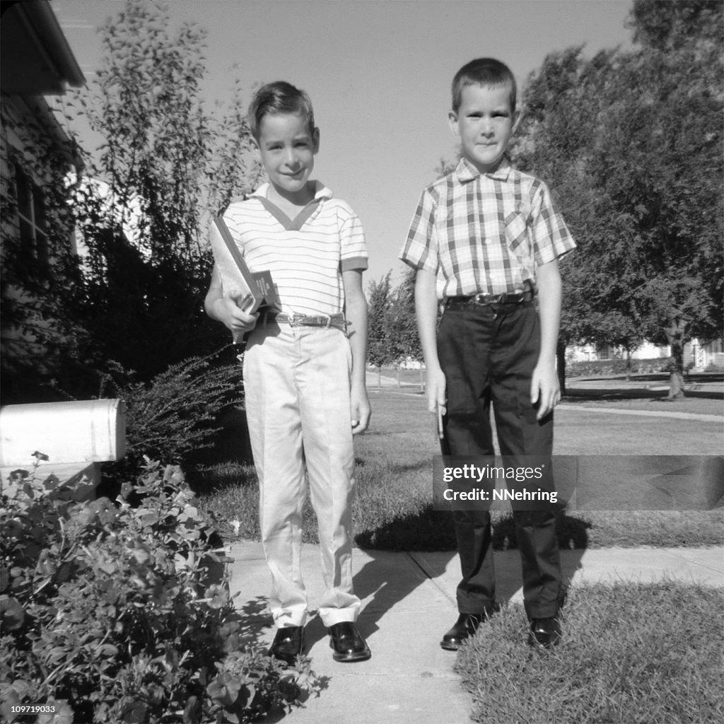 Two Children Ready for School 1959, Retro