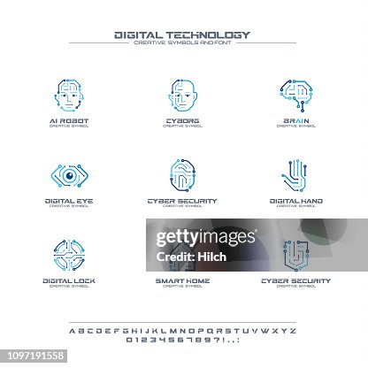 Using Technology Symbols Digital Technology Creative Symbols Set Font Concept Ai Circuit Brain ...