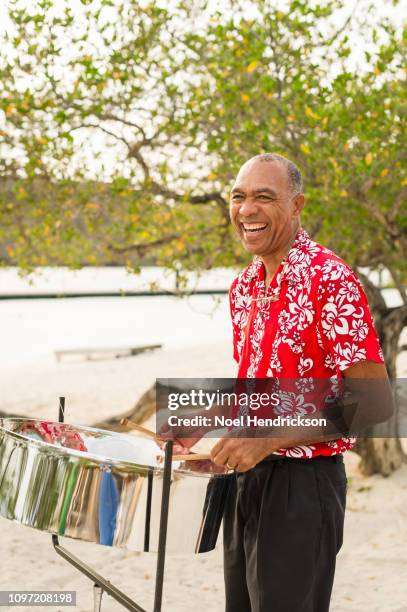 smiling man plays steel drum on the beach - steel drum stock pictures, royalty-free photos & images