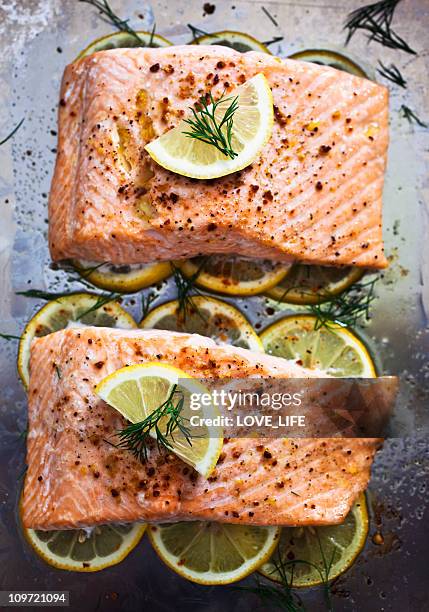 baked salmon - salmon steak stock pictures, royalty-free photos & images