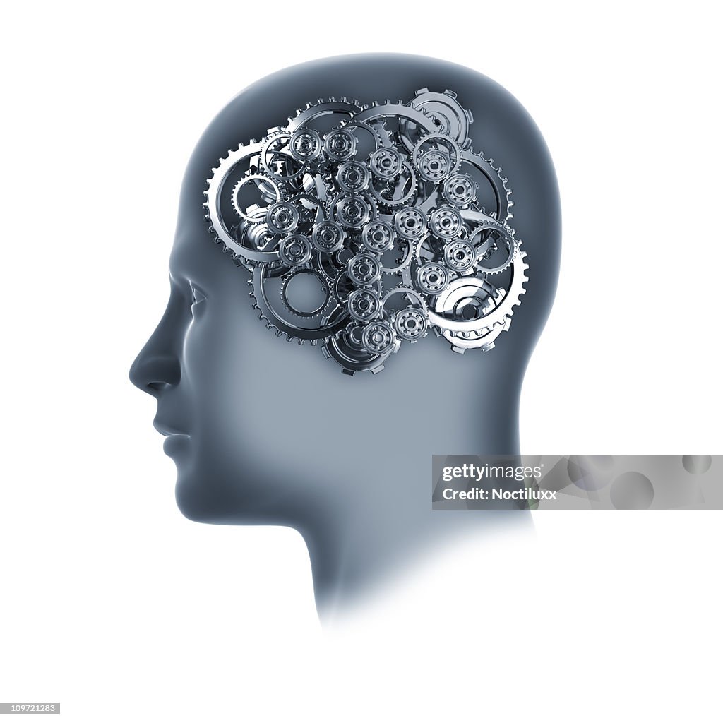 Head with cogs and gears on white