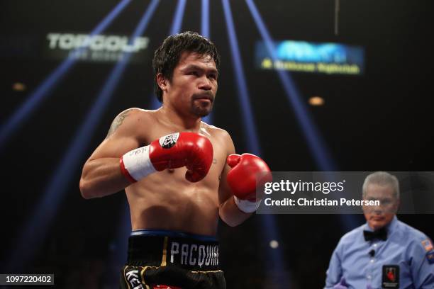 Manny Pacquiao in the ring during the WBA welterweight championship against Adrien Broner at MGM Grand Garden Arena on January 19, 2019 in Las Vegas,...