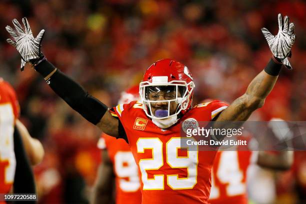 Eric Berry of the Kansas City Chiefs reacts after a play in the fourth quarter against the New England Patriots during the AFC Championship Game at...