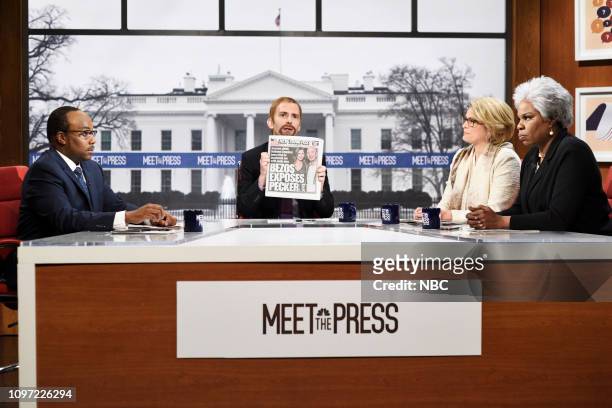 Halsey" Episode 1758 -- Pictured: Kenan Thompson as Eugene Robinson, Kyle Mooney as Chuck Todd, Cecily Strong as Peggy Noonan, and Leslie Jones as...