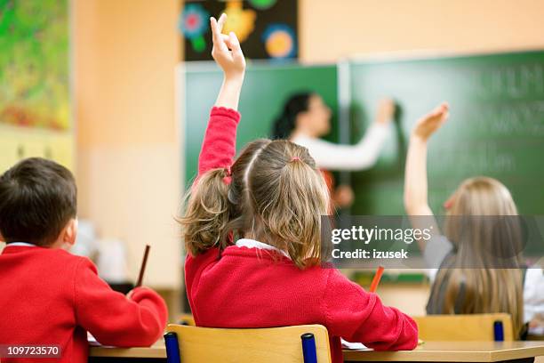 children raising hands in class, rear view - uniform stockfoto's en -beelden